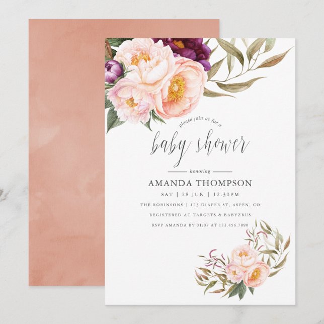 Convite de Chá de Bebê Floral em Pêssego e Borgonh (Frente/Verso)
