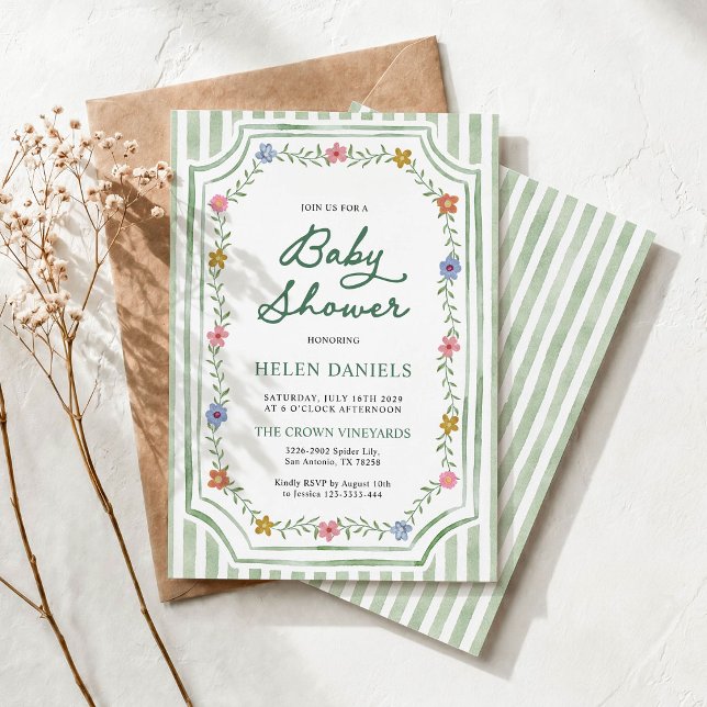 Convite de Chá de Bebê Floral Listrado Verde (Criador carregado)