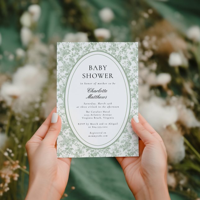 Convite de Chá de Bebê Floral Toile De Jouy Verde  (Criador carregado)