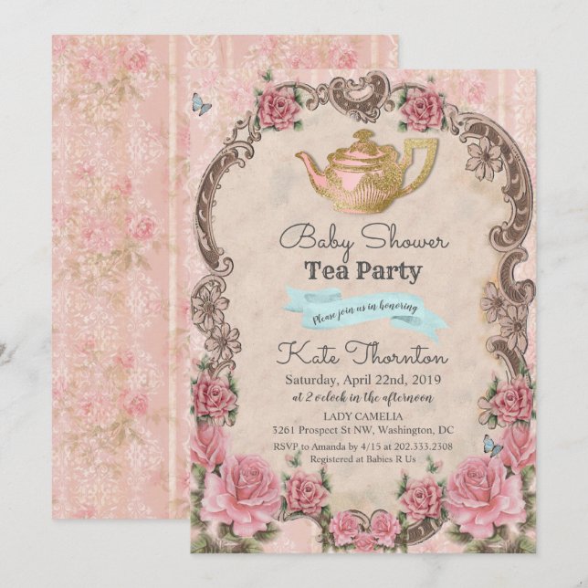 Convite de Chá de Bebê Floral Vintage (Frente/Verso)