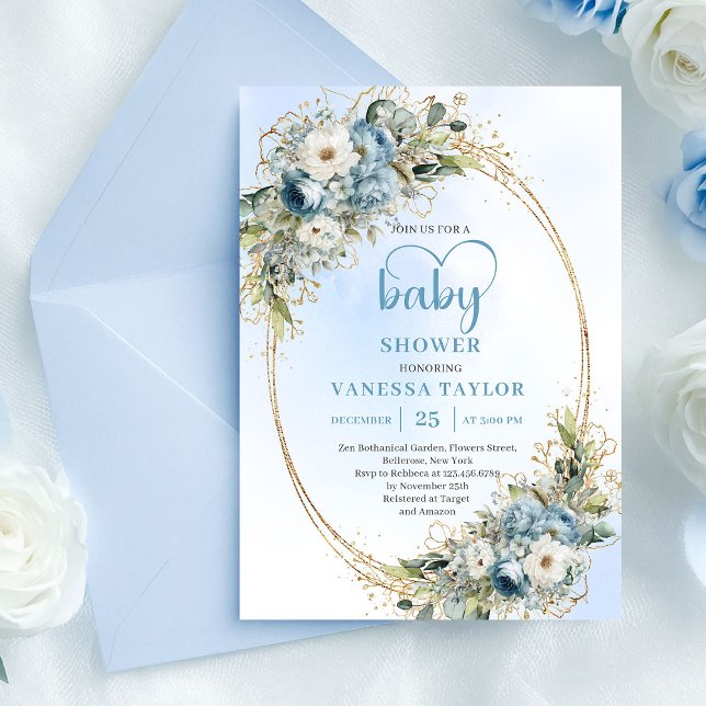 Convite de Chá de Bebê Flores Azul Claro Aquarela  (Watercolor Light Blue Flowers Gold Baby Shower Card

)