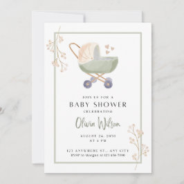 convite de chá de bebê flores verdes carrinho