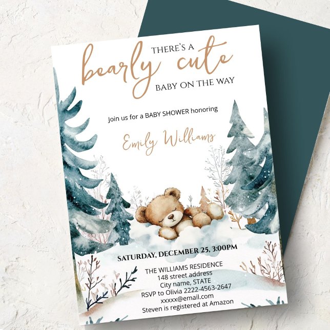 Convite de Chá de Bebê Fofo de Urso | Urso da Flor (Cute bear watercolor baby shower invitation “Bearly cute baby on the way” )