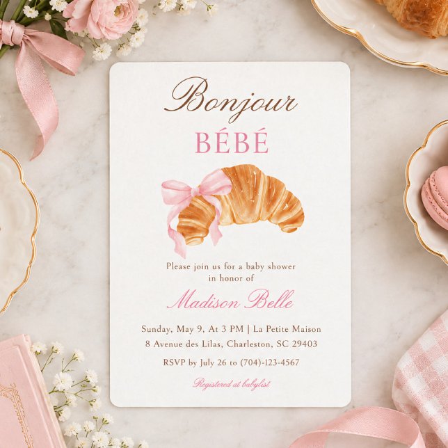 Convite de Chá de Bebê Francês Croissant Bow Bonjo (Criador carregado)