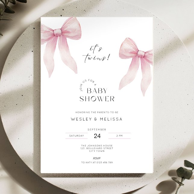 Convite de Chá de Bebê Gêmeas Rosa Meninas (Pink Bow Twins Baby Shower Invitation for Girls)