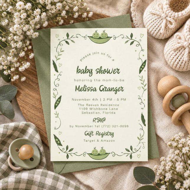 Convite de Chá de Bebê Gêmeos Vagem de Ervilha Ver (Green Pea Pod Twin Baby Shower Invite)