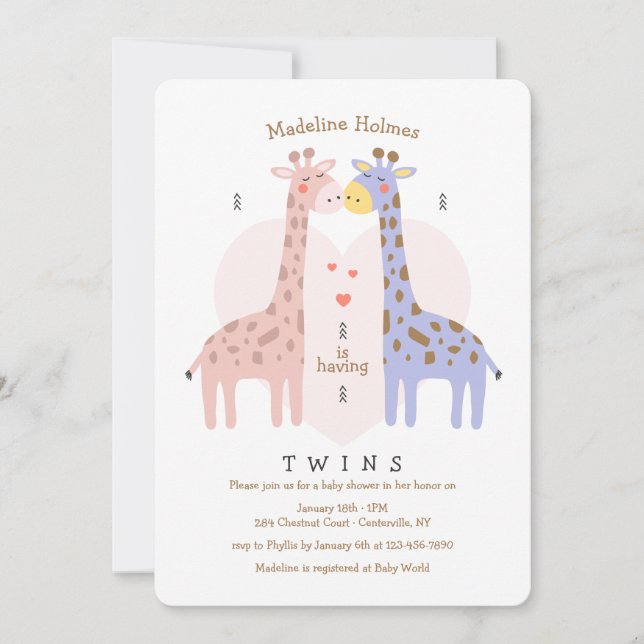 Convite de Chá de Bebê Girafas Gêmeas (Frente)