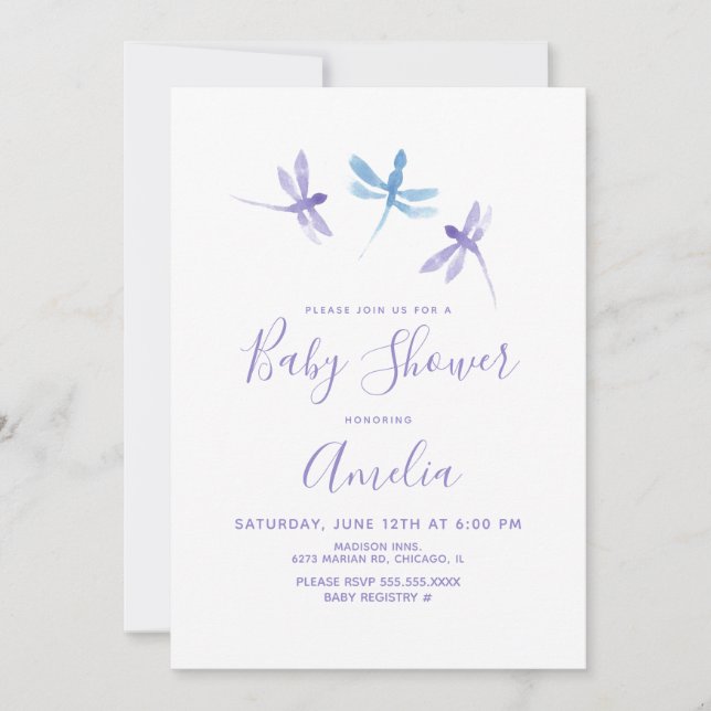 Convite de Chá de Bebê Libélula Aquarela Roxo Azul (Frente)