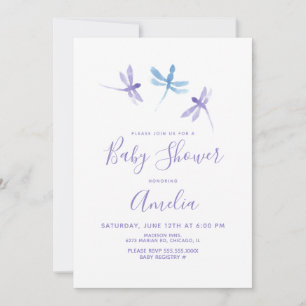 Convite de Chá de Bebê Libélula Aquarela Roxo Azul