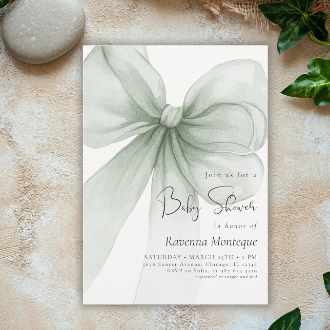 Convite de Chá de Bebê Limpo e Fofo com Laço Verde (Criador carregado)