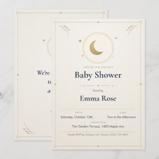 Convite de Chá de Bebê Lua e Estrelas, Dourado