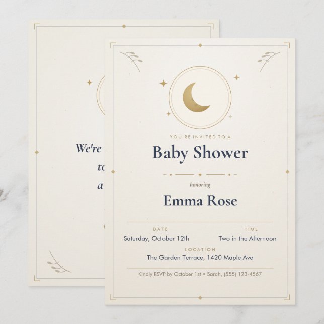 Convite de Chá de Bebê Lua e Estrelas, Dourado (Frente/Verso)
