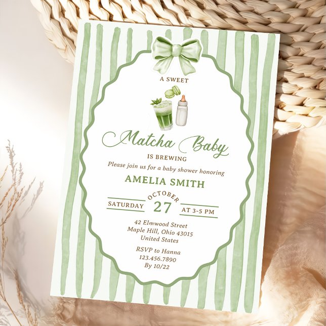 Convite de Chá de Bebê Matcha com Listras de Laço  (Criador carregado)
