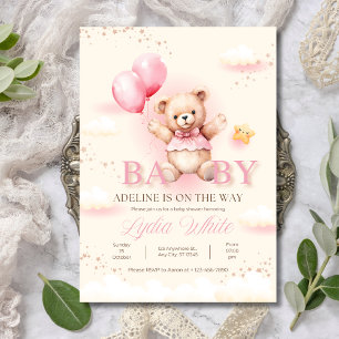 Convite de chá de bebê menina, balões de ursinho