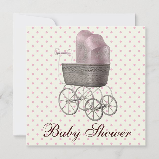 Convite de Chá de Bebê Menina Carrinho de Bebê Ros (Frente)