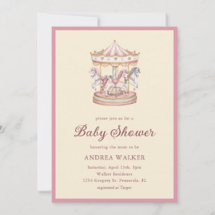 Convite de Chá de Bebê Menina Carrossel Rosa Paste