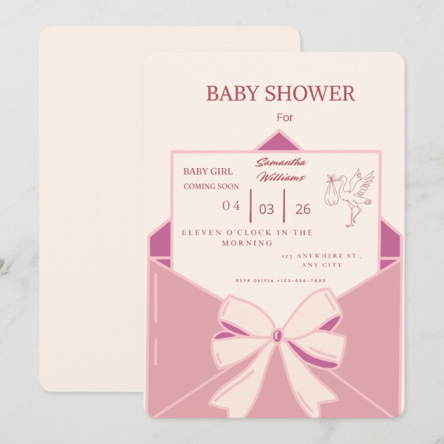 Convite de Chá de Bebê Menina Cegonha Rosa Fofo -  (Frente/Verso)