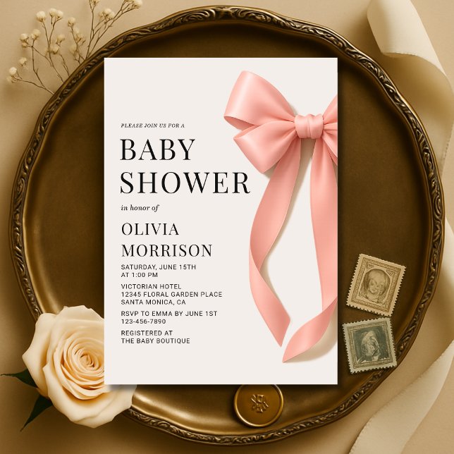 Convite de Chá de Bebê Menina com Laço Rosa (Criador carregado)