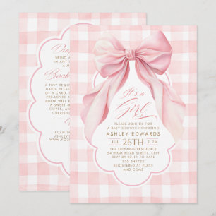 Convite de Chá de Bebê Menina com Laço Rosa e Xadr