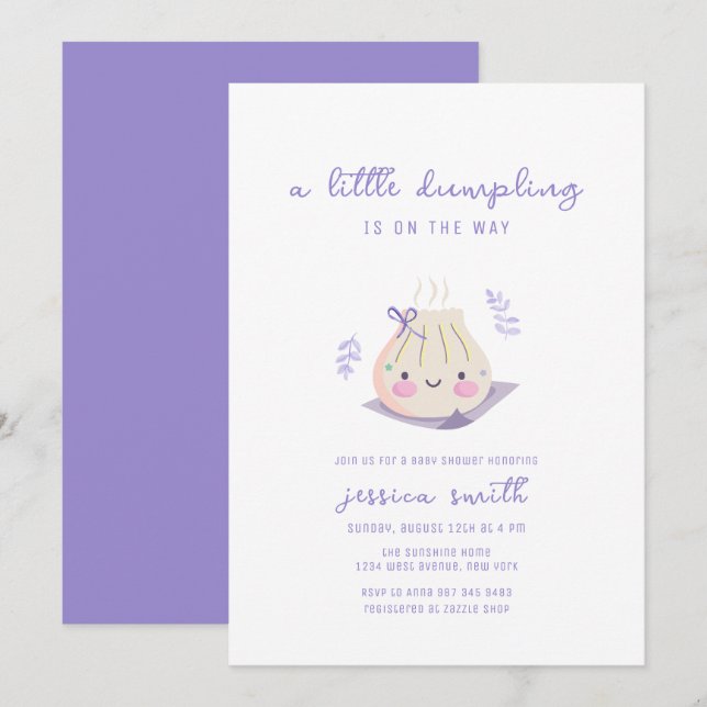 Convite de Chá de Bebê Menina Com Laço Roxo Kawaii (Frente/Verso)