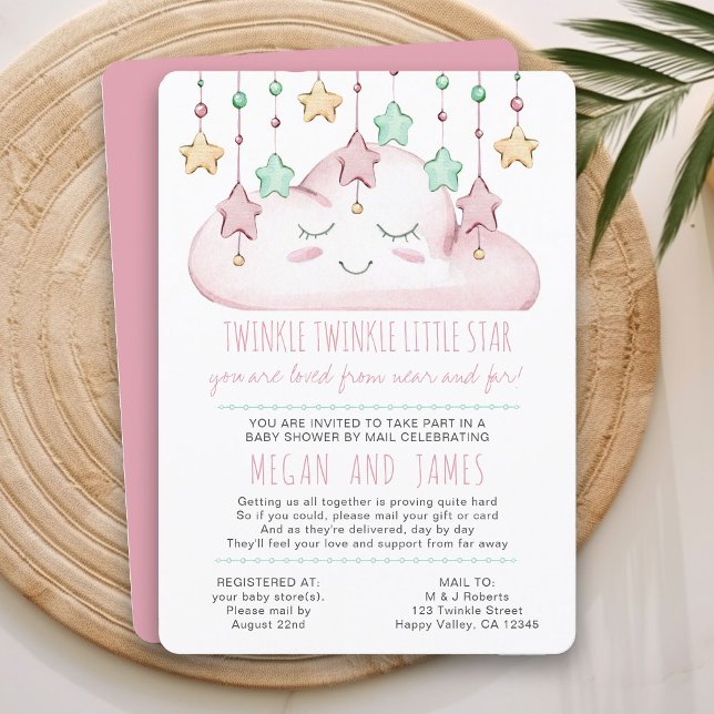 Convite de Chá de Bebê Menina com Poema Twinkle Tw (Baby Shower by Mail Invitation from my Twinkle Twinkle baby shower collection)