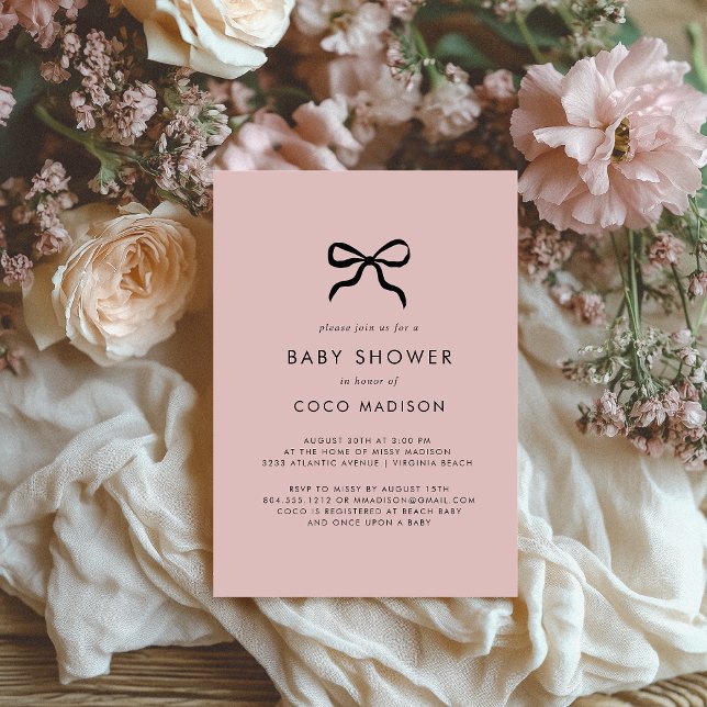 Convite de Chá de Bebê Menina Coquette Bow (Elegant Minimal Bow Baby Shower Invitation - Blush Pink)