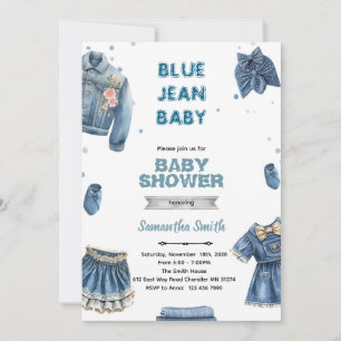 convite de chá de bebê menina de jeans azul