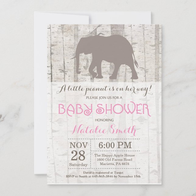 Convite de Chá de Bebê Menina Elefante Rústico (Frente)
