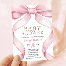 Convite de Chá de Bebê Menina Elegante com Laço Ro