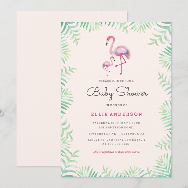 Convite de Chá de Bebê Menina Flamingo Rosa (Frente/Verso)