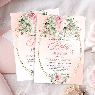 Convite de Chá de Bebê Menina Floral Dourado Atemp