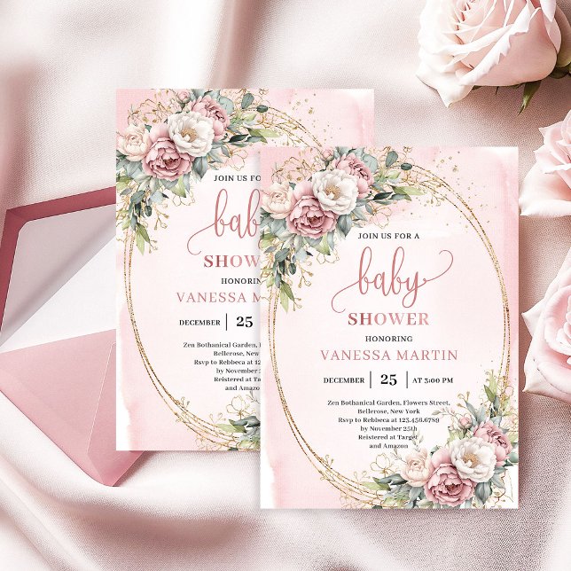 Convite de Chá de Bebê Menina Floral Rosa Clássico (Classic Blush Pink Floral Eucalyptus Baby Shower)