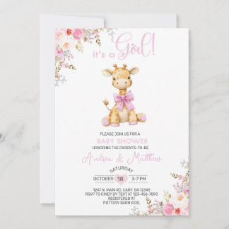 Convite de chá de bebê menina girafa rosa floral.