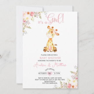 Convite de chá de bebê menina girafa rosa floral.