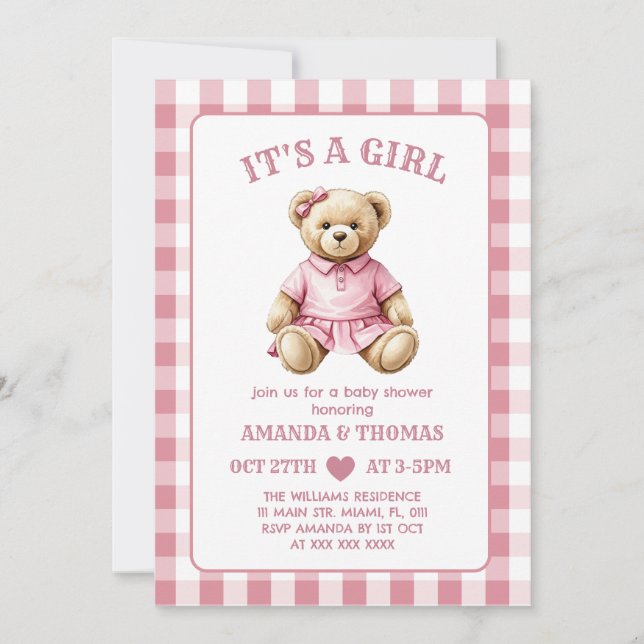 Convite de Chá de Bebê Menina Golfe Urso (Frente)
