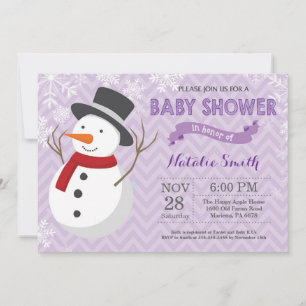 Convite de Chá de Bebê Menina Homem de Neve Roxo d