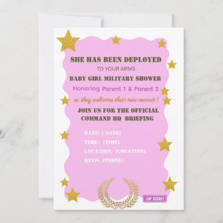 Convite de Chá de Bebê Menina Militar em Dourado R