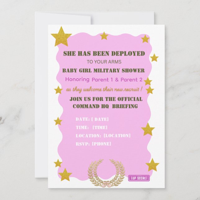 Convite de Chá de Bebê Menina Militar em Dourado R (Frente)