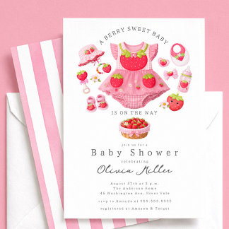Convite de Chá de Bebê Menina Morango Rosa
