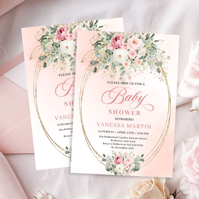 Convite de Chá de Bebê Menina Rosa Bege Elegante e (Elegant Blush Rose Gold Girl Baby Shower Invitation)
