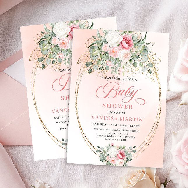 Convite de Chã de Bebê Menina Rosa Blush Bonito (Pretty Blush Rose Girl Baby Shower Party Invitation)