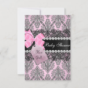 Convite de Chá de Bebê Menina Rosa Damask & Renda