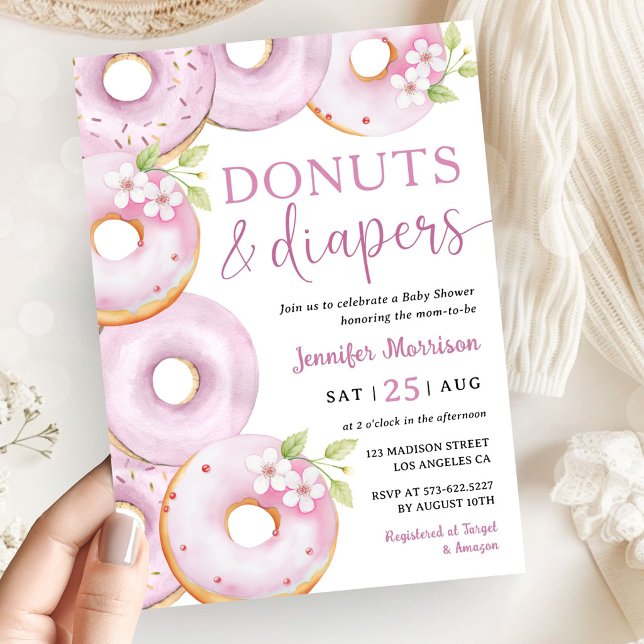 Convite de Chá de Bebê Menina Rosa "Donuts e Frald (Criador carregado)