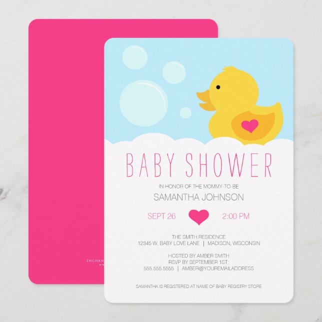 Convite de Chá de Bebê Menina Rosa Pato de Borrach (Frente/Verso)