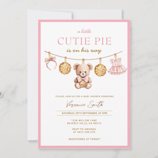 Convite de Chá de Bebê Menina Urso Cutie Pie (Frente)