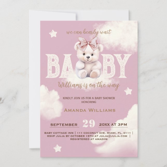 Convite de Chá de Bebê Menina Urso de Arco Bearly  (Frente)