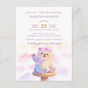 Convite de Chá de Bebê Menina Urso de Pelúcia Aqua