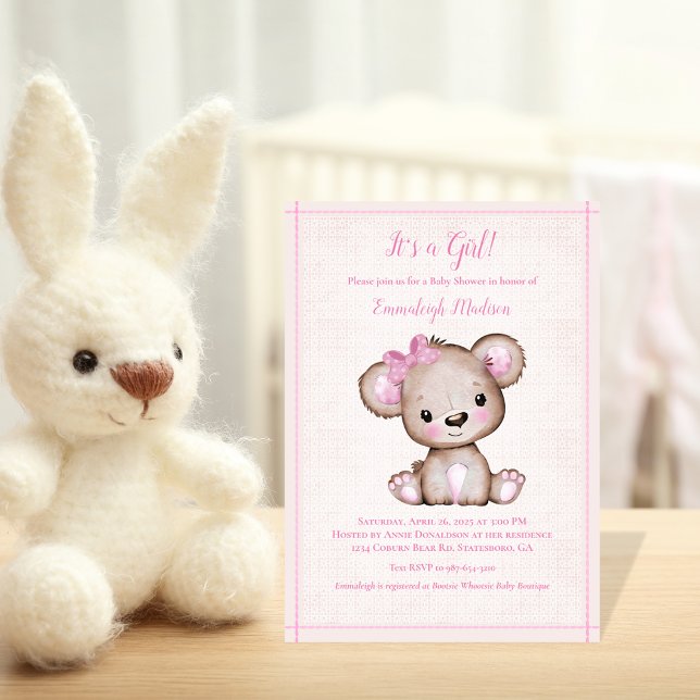 Convite de Chá de Bebê Menina Urso Marrom Fofo (Criador carregado)