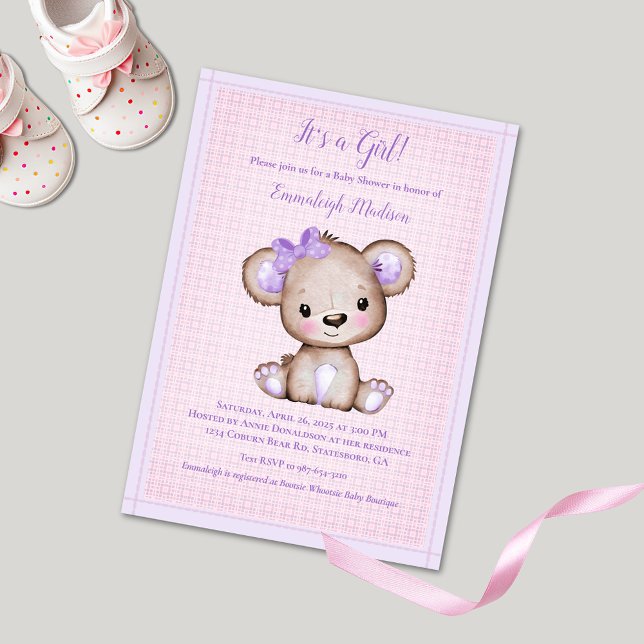 Convite de Chá de Bebê Menina Urso Marrom Roxo Fof (Criador carregado)