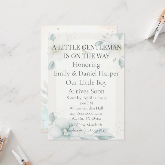 Convite de Chá de Bebê Menino com Narciso Azul Poe (Frente/Verso In Situ)